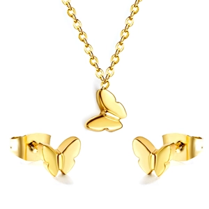 Elegant gold butterfly jewelry set including necklace and studs on white background