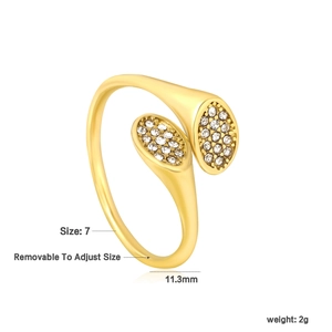 Detail of adjustable 18K gold bypass ring with white zircon pave setting and 11.3mm width