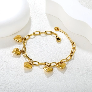 18K vergoldetes Edelstahl-Gliederarmband mit fünf Herzanhängern für Damen, grobe Kette