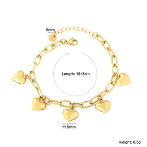 18K vergoldetes Edelstahl-Gliederarmband mit fünf Herzanhängern für Damen