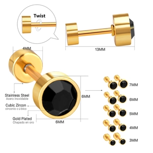 Tableau détaillé des tailles de boucles d'oreilles en acier doré avec zircon noir