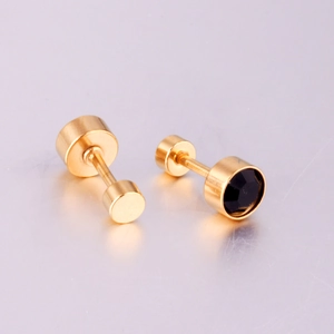 Boucles d'oreilles dorées en acier inoxydable avec vis et zircons cubiques noirs ronds