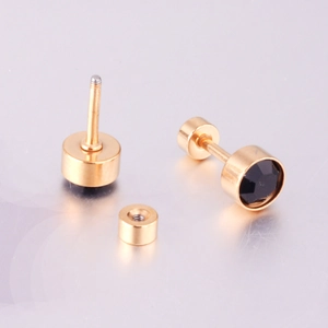 Boucles d'oreilles cylindriques en acier doré avec cristal noir et fermoir à vis