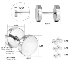 Detailed view of stainless steel barbell earrings in various sizes for men and women