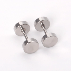 Macro shot of silver stainless steel barbell stud earrings with screw-on flat back discs