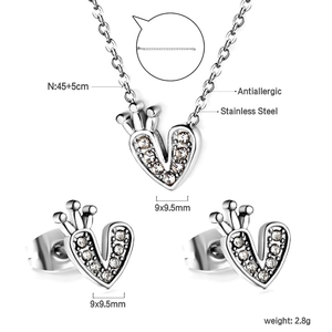 Détails de parure bijoux couronne cœur en acier inoxydable avec cristaux champagne