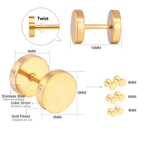 Detail of gold plated stainless steel screw back earrings with cubic zirconia size specs