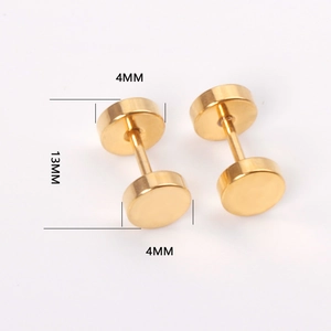 Macro view of gold round stud earrings with 4mm disc diameter and 13mm total length