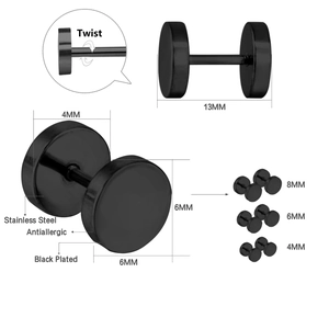 Detail of black plated stainless steel dumbbell studs showing sizes and twist closure