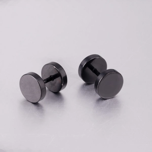 Close-up of black matte stainless steel dumbbell screw stud earrings for women