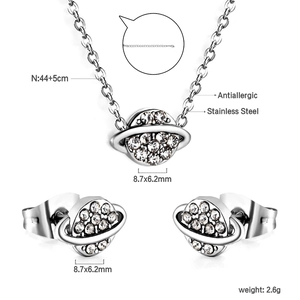 Détails d'un ensemble de bijoux planète en acier inoxydable argenté avec cristaux