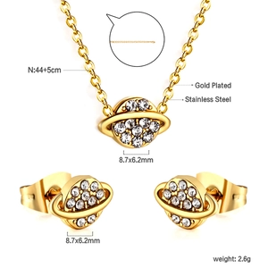 Vue détaillée du set de bijoux en acier doré avec pendentif planète et boucles d'oreilles
