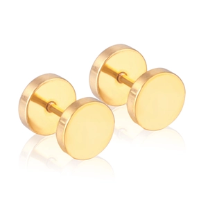 Classic gold stainless steel round disc dumbbell earrings on reflective background