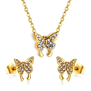 Parure bijoux papillon dorée avec strass scintillants collier et boucles d'oreilles