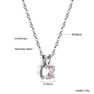 Detailed specs of stainless steel necklace with 7x12mm round white crystal pendant