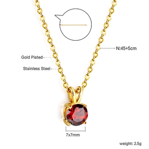 Elegant gold plated stainless steel necklace with a 7x7mm red zircon pendant for women