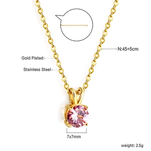 Detailed view of pink zircon pendant on gold plated stainless steel chain with size info