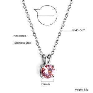 Detail of pink zircon pendant necklace, 45+5cm adjustable stainless steel chain