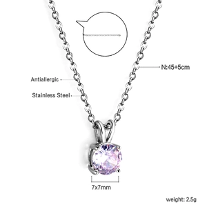 Detailed specs of stainless steel 18K gold necklace with 7x7mm purple crystal pendant