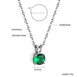 Detail of stainless steel necklace with 7mm green zirconia pendant and 45cm adjustable chain