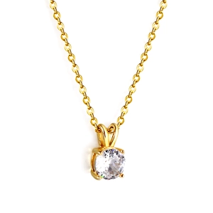 Elegant gold necklace with a round clear zircon pendant in a four-prong setting