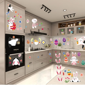 Easter Bunny and colorful egg decals set on kitchen cabinets for home holiday decoration