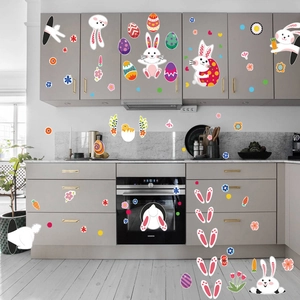 Easter bunny stickers set with colorful eggs and floral patterns on kitchen cabinets
