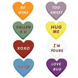 Colorful heart stickers with XOXO and BE MINE text for Valentines Day gift decor
