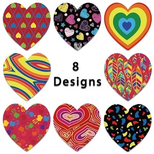 Set of 8 colorful heart-shaped self-adhesive labels with vibrant geometric patterns