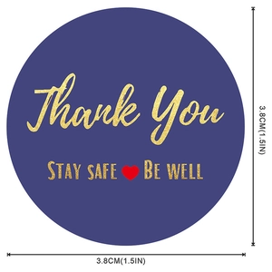 Deep blue 1.5 inch circular thank you stickers with gold foil stay safe be well text