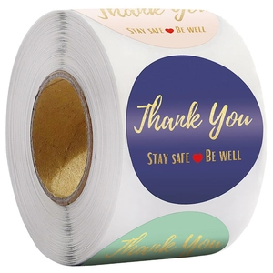 Foil stamped thank you stickers with stay safe be well text on multi-color round labels