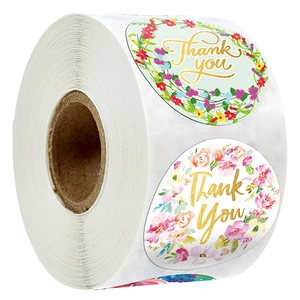 Floral Thank You stickers roll with gold foil lettering and various flower designs