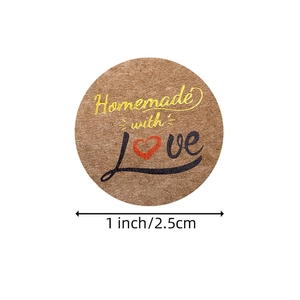 Kraft paper Homemade with Love gift labels with red heart design, 1 inch round stickers