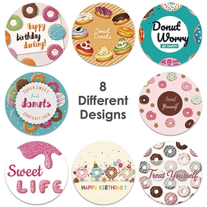 8 pack of colorful round donut-themed Happy Birthday stickers for gift decoration
