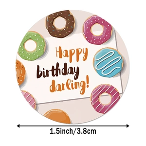 1.5 inch Happy Birthday donut sticker for cake boxes and party favors decoration