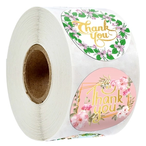 Floral gold foil Thank You stickers roll with pink roses and botanical patterns