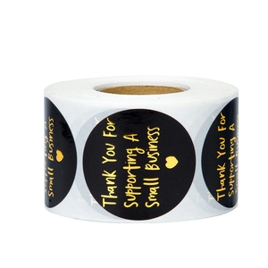 Roll of black round stickers with gold foil Thank You For Supporting A Small Business text