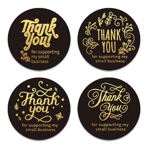 Black and gold round Thank You stickers for small business packaging and gift sealing
