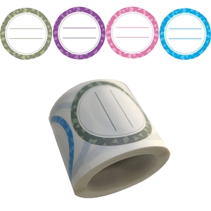 Roll of 2-inch round glass jar labels with 4-color borders for date and food coding