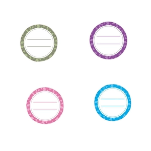 Set of four 2-inch removable round food jar labels with geometric borders and writing lines