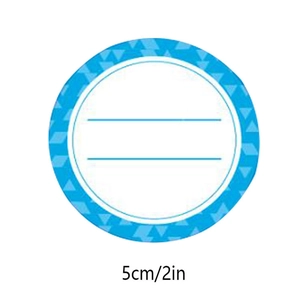 Custom 2-inch round glass jar labels with blue geometric border for date and food storage