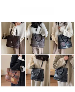 Multi-angle view of vintage soft leather tote bag with patchwork and zipper pockets