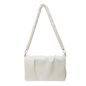 Chic white pleated crossbody square bag with chain details and padded shoulder strap