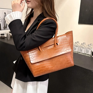 Brown crocodile embossed tote bag with flap and dual handles for women daily commute