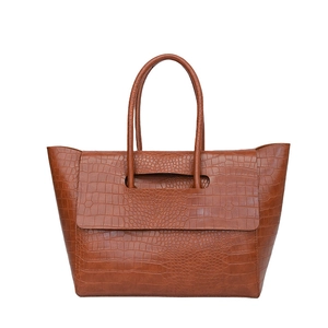 Brown crocodile pattern faux leather tote bag with double handles and flap closure