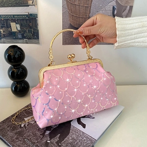 Vintage Sequin Mermaid Scale Evening Bag Women Kiss Lock Box Handbag With Chain Strap Party Wedding Clutch Crossbody Bag