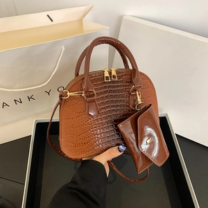 Croc-Embossed PU Leather Shell Bag And Mini Pouch Retro Women Shoulder Crossbody Bag Gold-tone Hardware Fashion Handbag