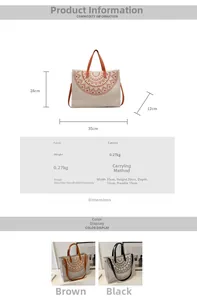 Detailed size chart and dimensions for geometric print linen tote bag with handle specs