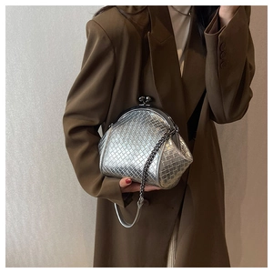 Detailed view of silver woven shell bag featuring a metal clasp and chain strap