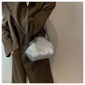 Detail of silver woven shell bag with vintage metal clasp and chain strap